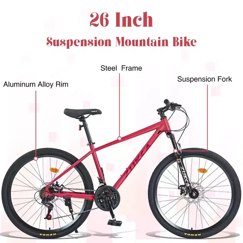 Mountain bike ammortizzata Whisen 26 con cambio posteriore a 8 velocità, forcella, pneumatici KENDA e doppi freni a disco