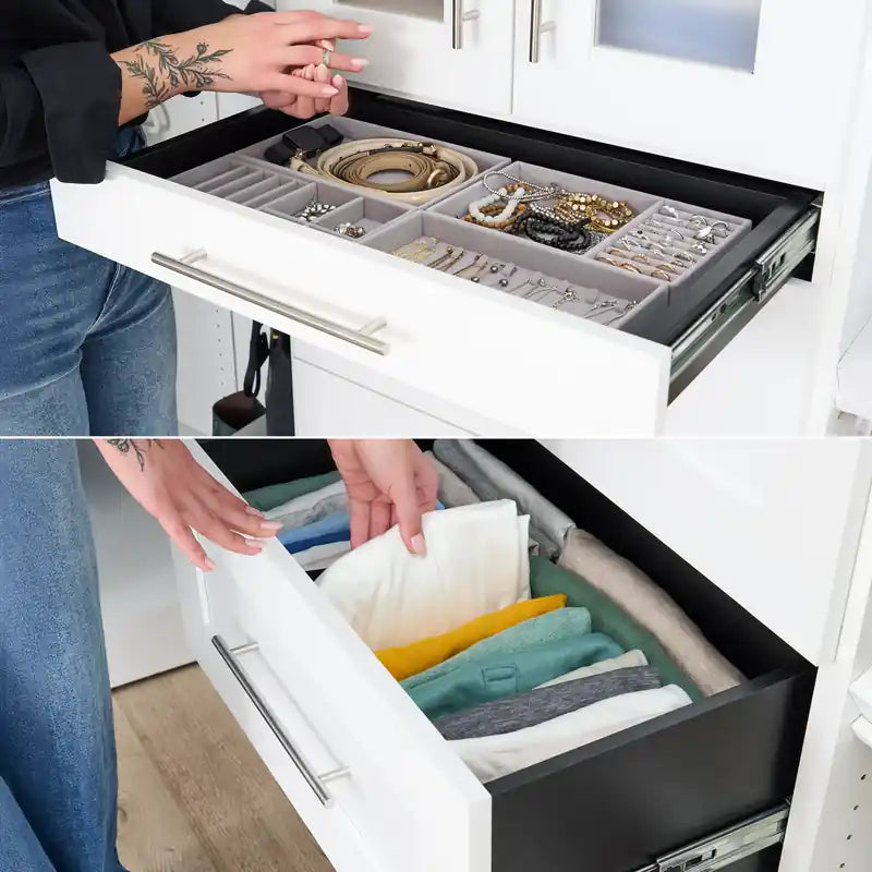 Sistema modulare per cabina armadio 107 con aste, ripiani e cassetti, stile Shaker