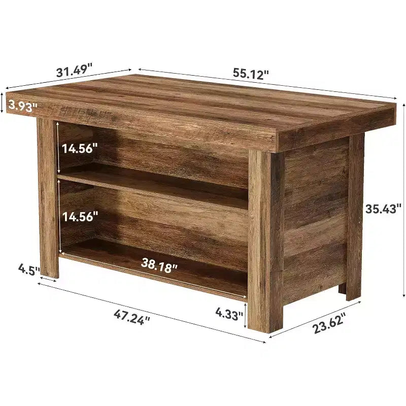 Lantine Kücheninsel mit Stauraum, 55 Inches, 3-stufiger, feststehender Holztisch, moderner Bartisch mit Ablage für die Küche, rustikales Braun