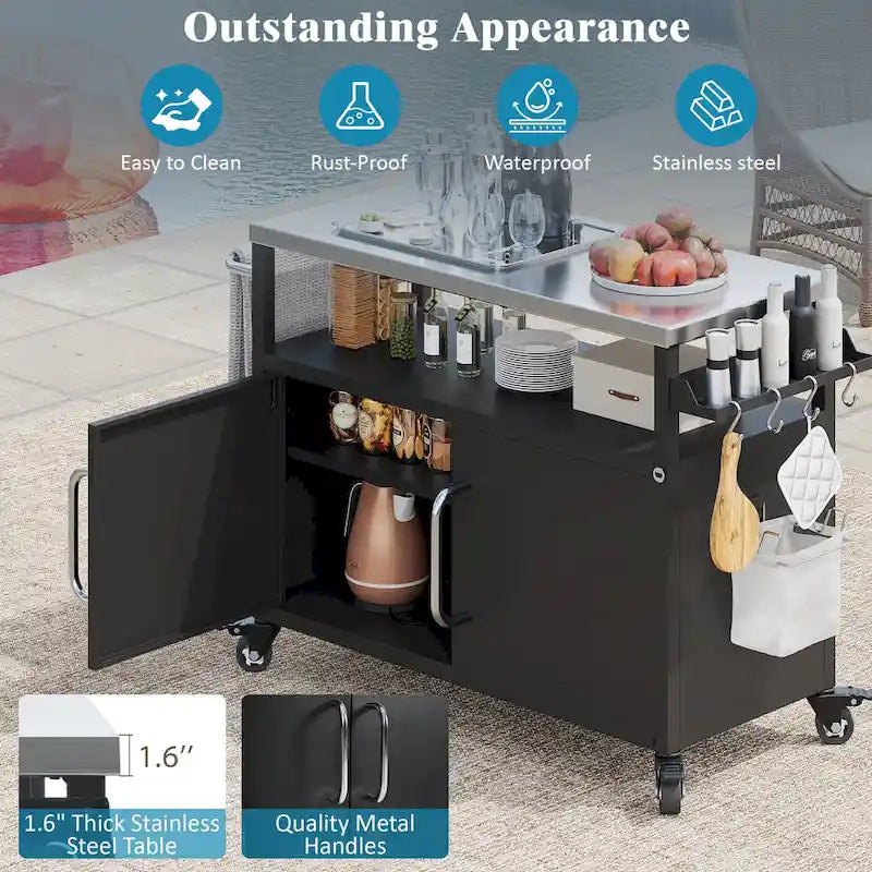 Outdoor-Kücheninsel mit Tischplatte aus Edelstahl, Metall-Grillwagen mit Aufbewahrungsschrank - N/A