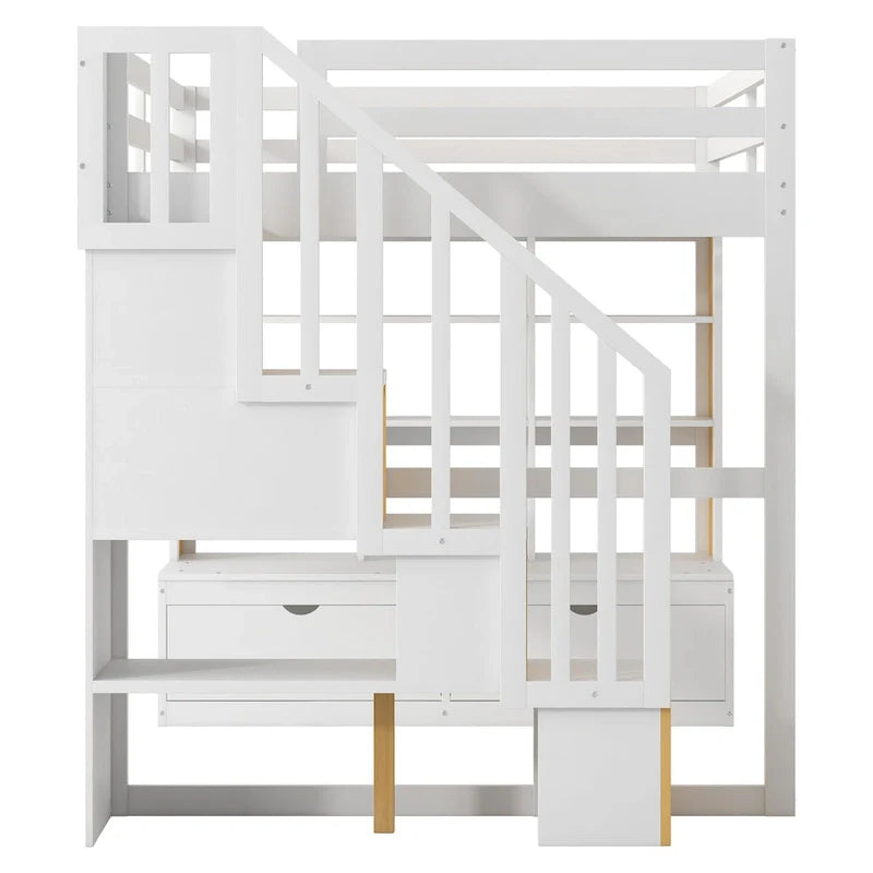 Letto a soppalco in legno massello, naturale e bianco, per letto matrimoniale piccolo, con scrivania e cassetti