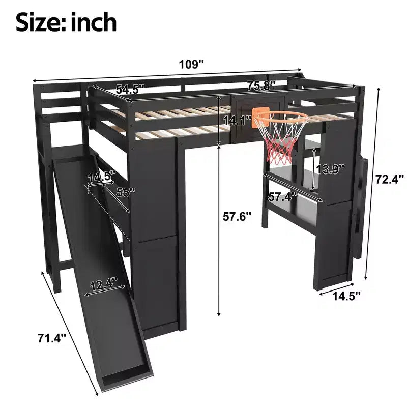 Lit mezzanine complet en bois Luxystar avec bureau, toboggan, panier de basket et escalier de rangement pour enfants et adolescents