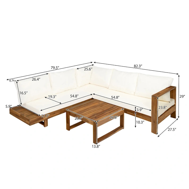 LSet di divani componibili angolari per patio con tavolo, chaise longue da esterno in legno, set conversazione da 4 pezzi