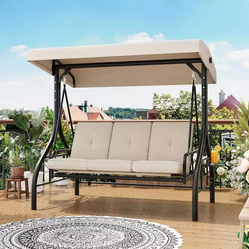 Sedia a dondolo da esterno trasformabile 2 in 1 a 3 posti con tettuccio regolabile, letto a dondolo da patio con struttura, cuscini spessi e portabicchieri, per cortile, giardino e veranda