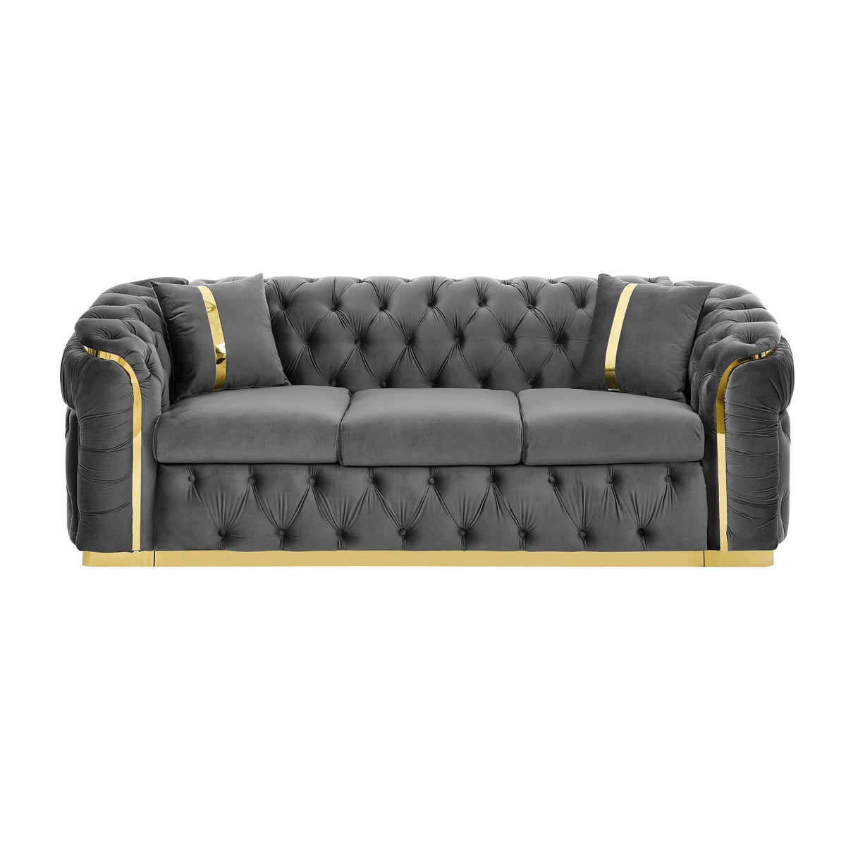 Fluwelen 3-zitsbank van 90.6 met 2 kussens, hoogdichte vulling, gouden accenten en kussens