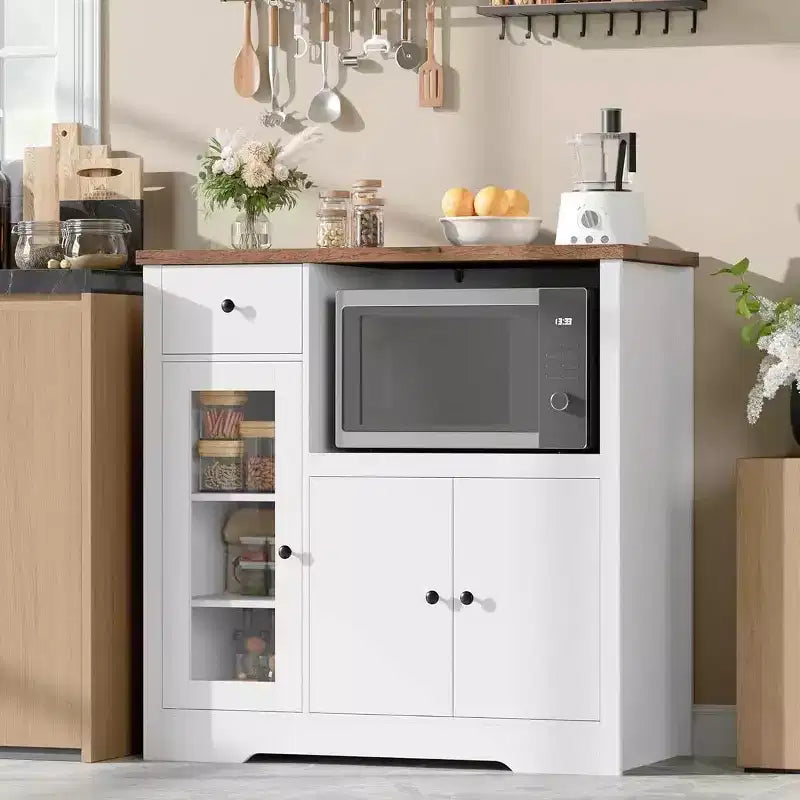Mobile da cucina per microonde con vani contenitori, 3 ante, 1 cassetto e ripiani regolabili, dispensa