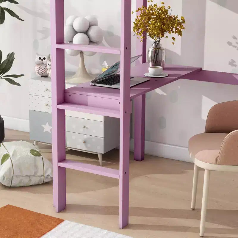 Okak minimalistisch hoogslaper met ladder, hoogslaper van rubberhout voor één persoon met veiligheidsreling en ingebouwd bureau, bedframes voor kinderen en tieners