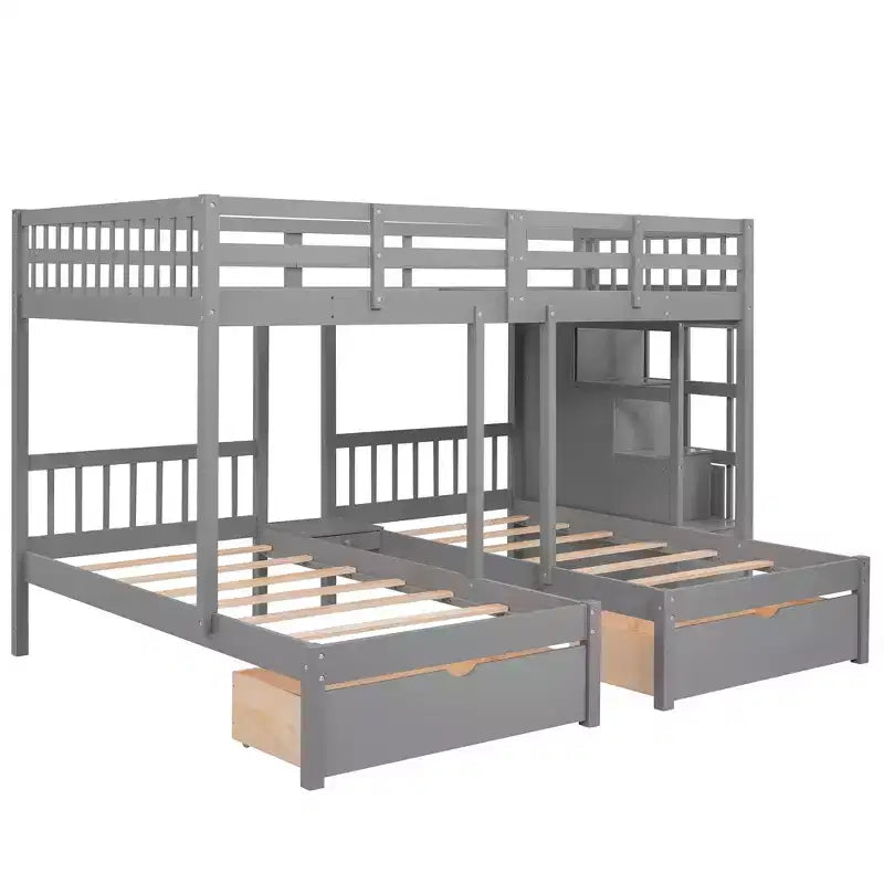 Lit superposé Whisen avec lit double au-dessus de deux lits simples, en bois, avec tiroirs et barrières de sécurité