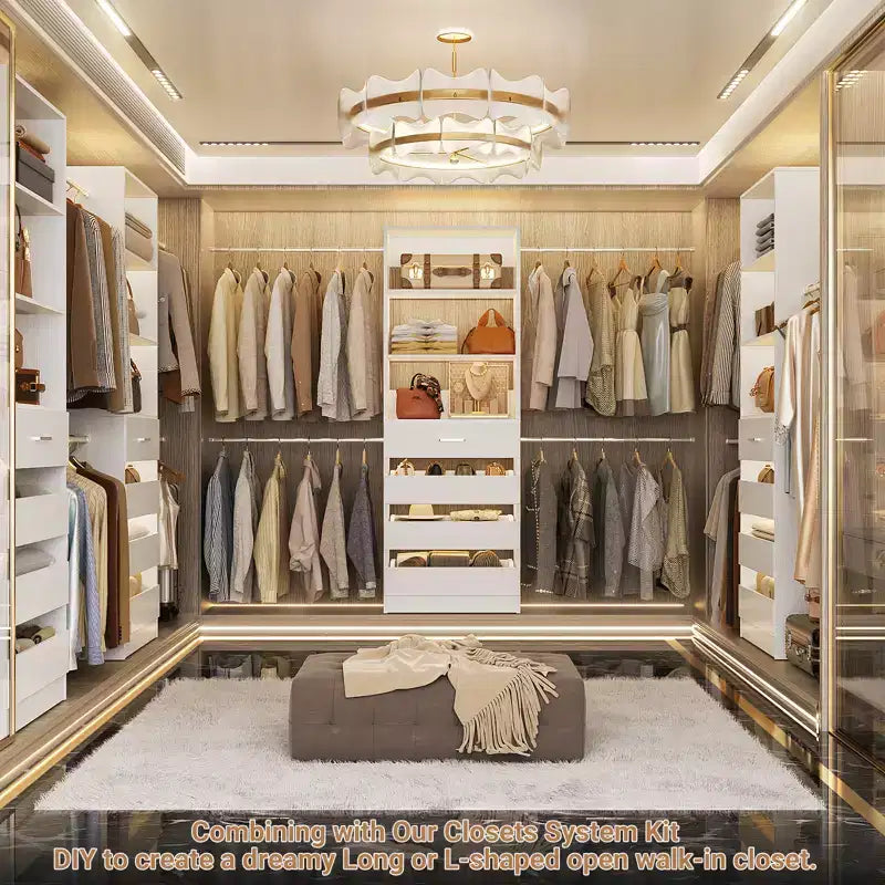 Système d'aménagement de dressing en bois Besiost de 4 à 9 pi avec 4 tiroirs, 4 tringles et des colonnes d'étagères