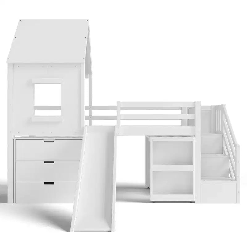 Einzel-Hochbett mit 3 Schubladen und Treppe mit Stauraum, Hausbett aus Holz mit Rutsche und abnehmbarem Schreibtisch