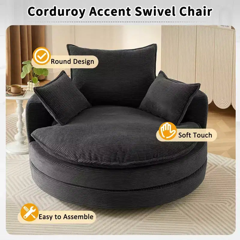 Fauteuil d’appoint pivotant à 360°, fauteuil tonneau rond pivotant avec coussin pour le salon