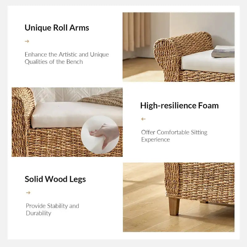 Bab Boho-Landhaus-Sitzbank mit Rattangeflecht und Stauraum, durchbrochen geschnitzte Designs von HULALA HOME