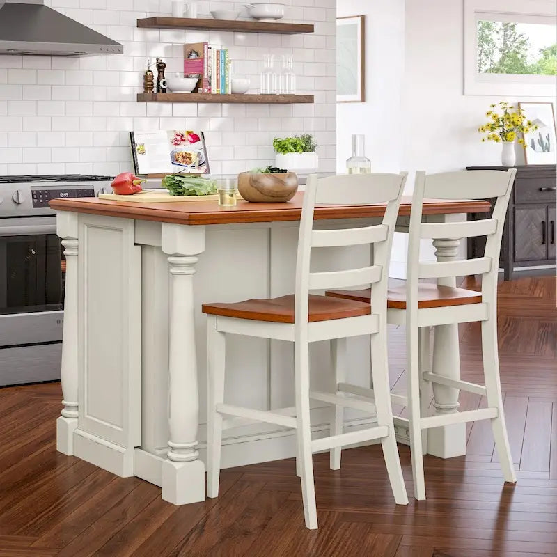 Homestyles Monarch 3-teiliges Kücheninsel-Set aus cremeweißem Holz mit ausklappbarer Holzplatte - 48' x 25' x 36'