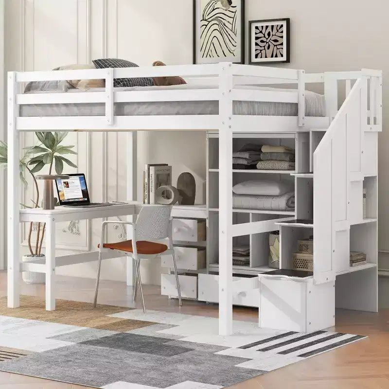 Hoogslaper voor een eenpersoonsmatras met L-vormig bureau, 3 laden, kast, opbergruimte in de trap, gemaakt van massief grenenhout/MDF