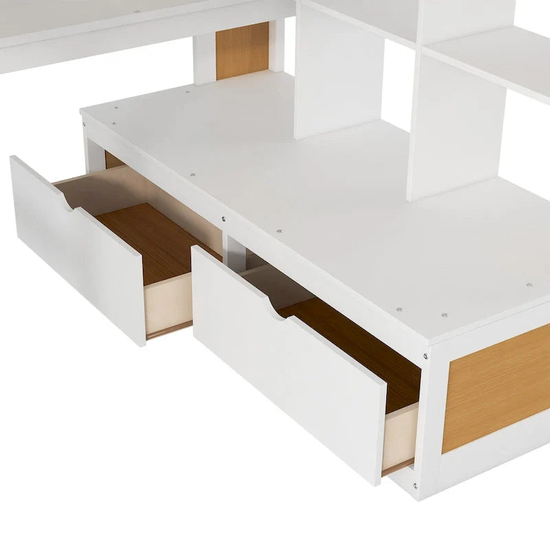 Letto a soppalco in legno massello, naturale e bianco, per letto matrimoniale piccolo, con scrivania e cassetti
