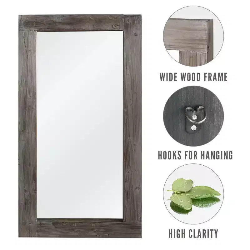 Miroir pleine longueur rectangulaire à angle droit en bois massif brun usé, 71x31 pouces (sans support)