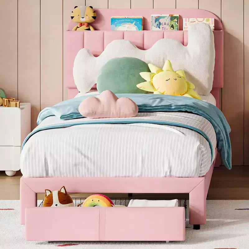 Letto singolo, confezione da 2, con cassetti contenitori e testiera, rivestito in velluto, basso, silenzioso, facile da montare, rosa