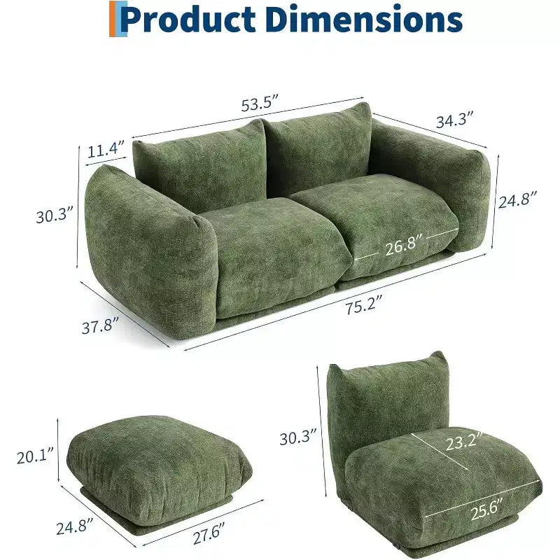 Canapé d’amour modulable en tissu chenille, canapé nuage 2 places avec mousse haute résilience, canapé sans pieds pour petits espaces