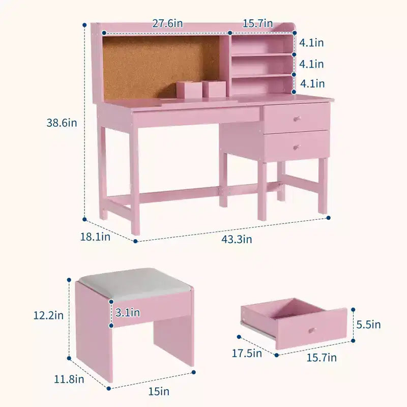 Schreibtisch- und Stuhlset für Kinder, hölzerner Lerntisch mit verstellbarer, neigbarer Tischplatte, Schubladen und Korktafel - Lernschreibtisch-Set für Kinder