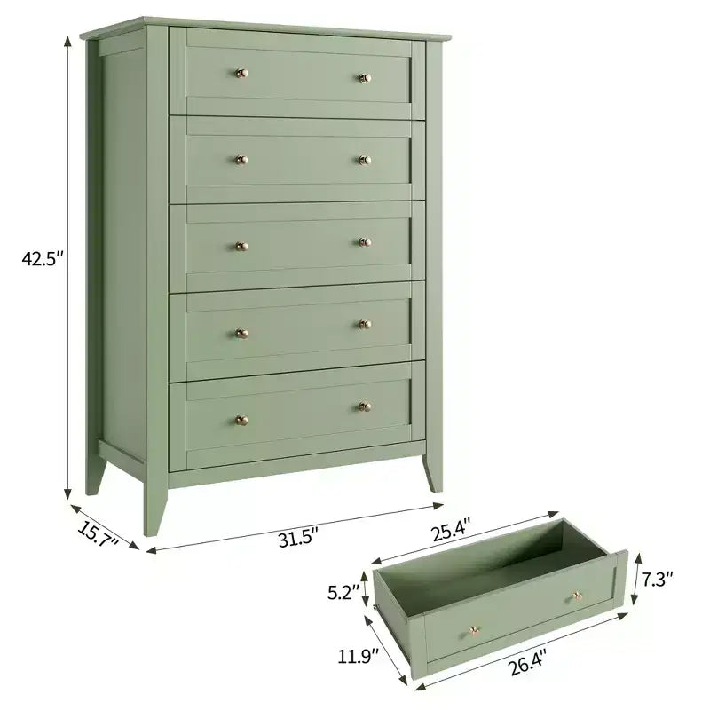 Cassettiera alta 42.5 pollici con 5 cassetti per camera da letto, mobile contenitore in legno con cassetti profondi 11.9 pollici e pomelli in metallo dorato, ideale per ingresso o corridoio
