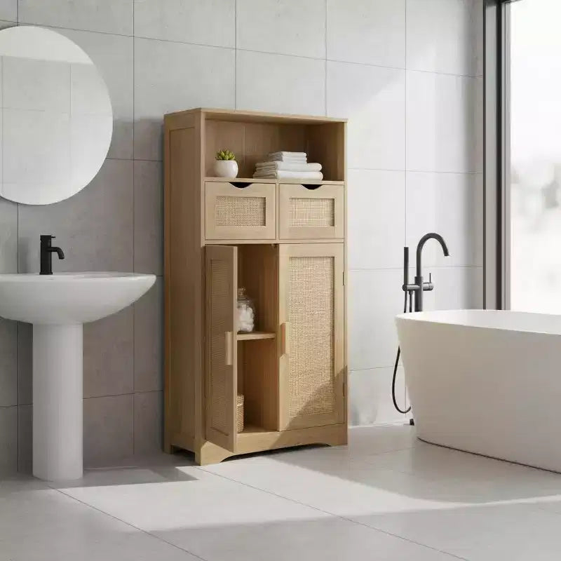 Armoire de rangement en rotin avec 2 tiroirs et étagères réglables pour la cuisine et la maison