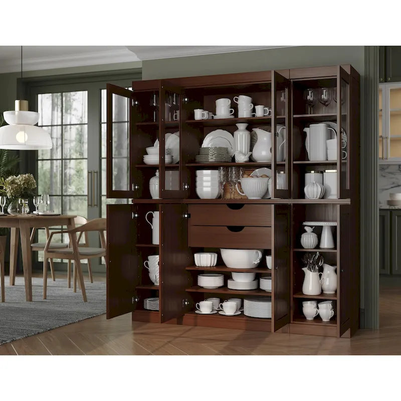 Credenza dispensa da cucina in legno massello al 100%, con ante in vetro o legno massello e kit con 2 cassetti, 65 x 71.5
