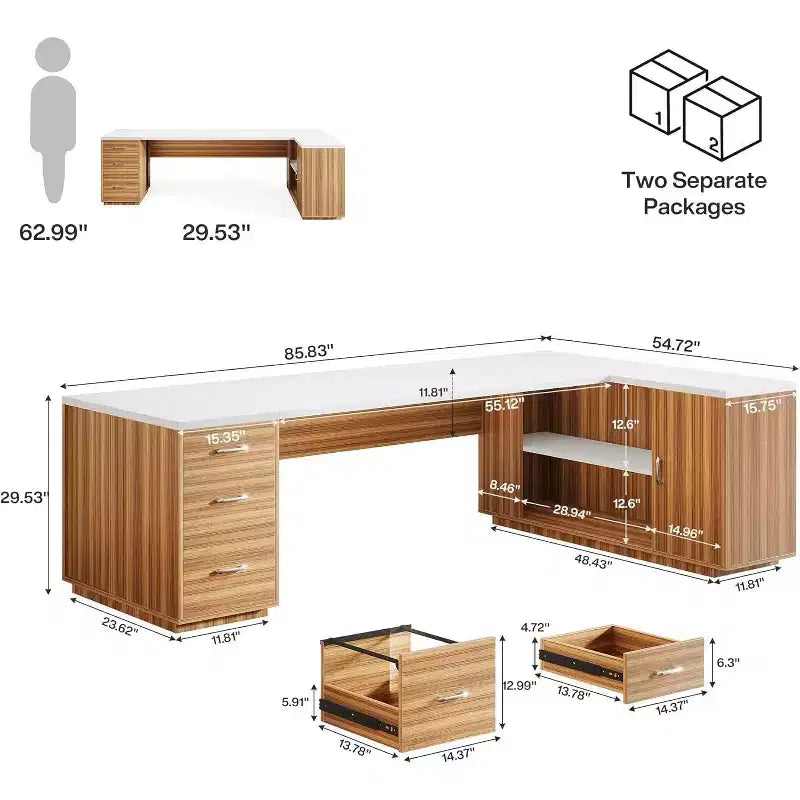 Lantine 85.8 L-vormig directiebureau, extra groot computerbureau voor kantoor met archieflades voor thuiskantoor