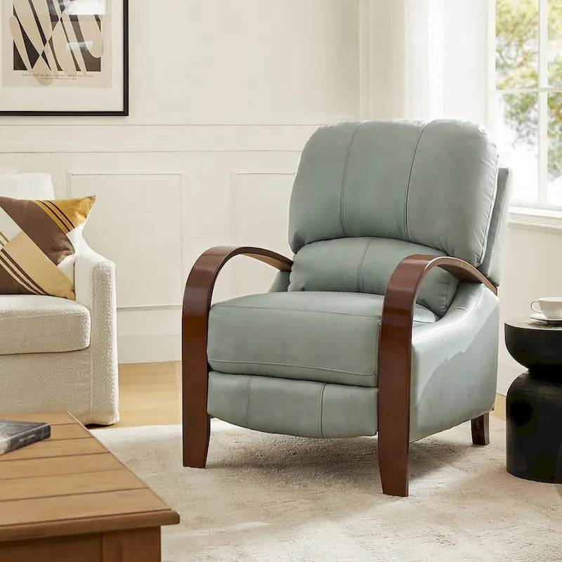 Alex handmatige relaxfauteuil van echt sigarenkleurig leer in mid-century moderne stijl, met gebogen houten armleuningen