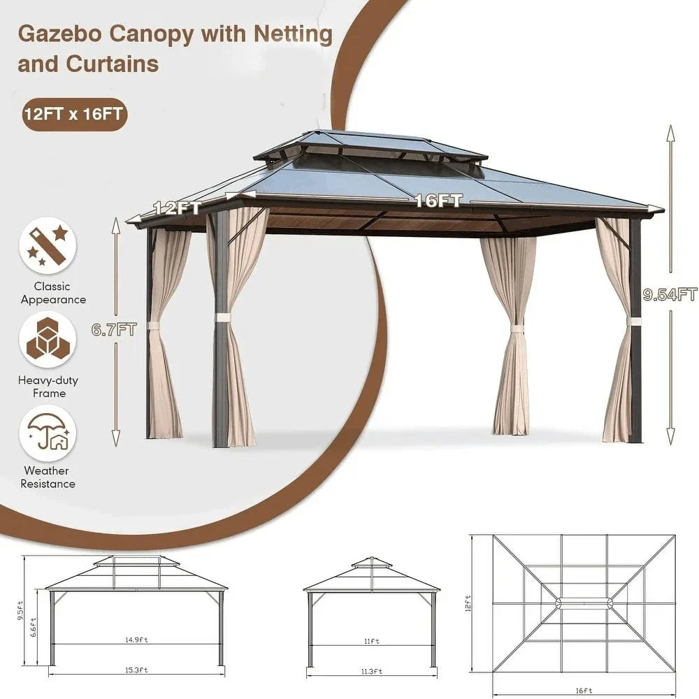 Gazebo EROMMY con tetto rigido, pergola da esterno con doppio tetto, rete e tende, copertura robusta per patio, giardino e feste in piscina