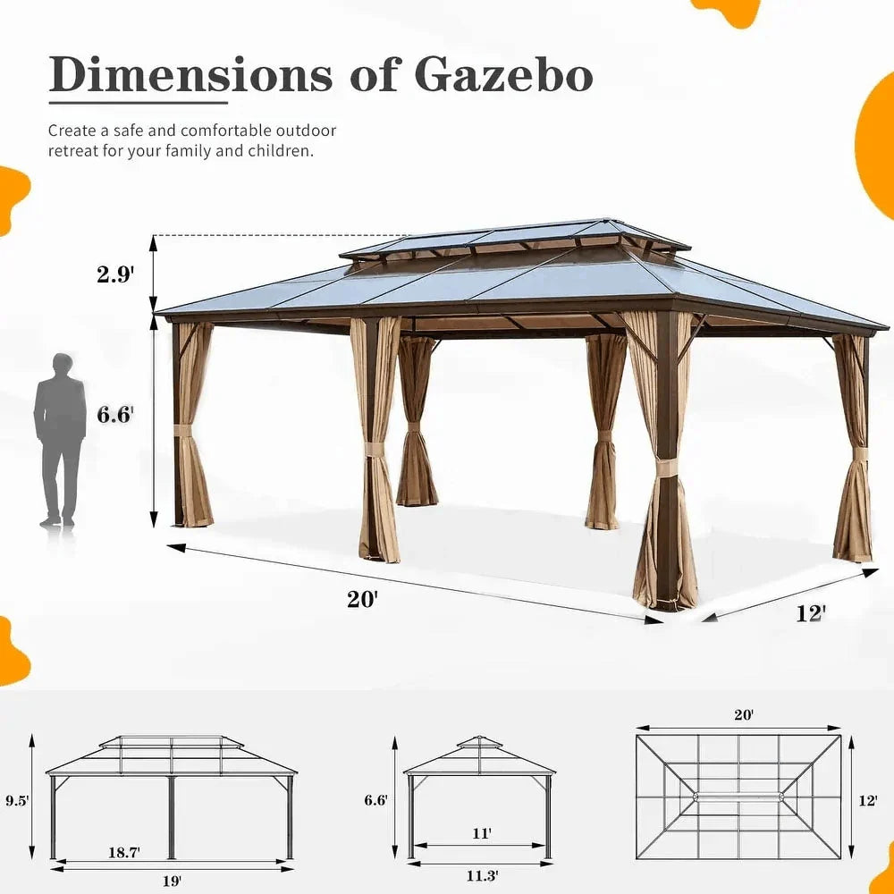 Gazebo EROMMY con tetto rigido, pergola da esterno con doppio tetto, rete e tende, copertura robusta per patio, giardino e feste in piscina