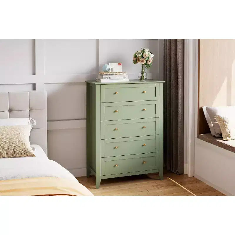 Cassettiera alta 42.5 pollici con 5 cassetti per camera da letto, mobile contenitore in legno con cassetti profondi 11.9 pollici e pomelli in metallo dorato, ideale per ingresso o corridoio