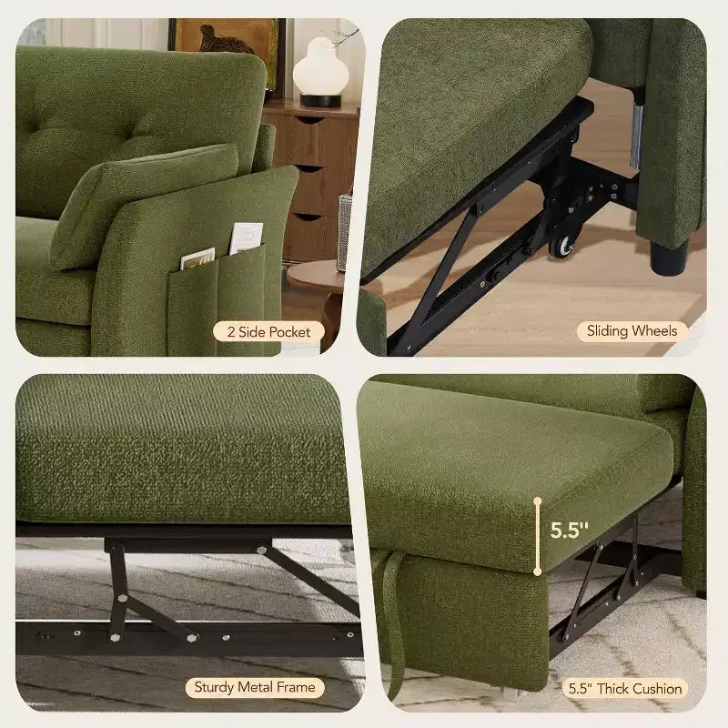 Divano letto trasformabile Dyonery 3-in-1, divano letto estraibile con tasca laterale e schienale regolabile, montaggio senza attrezzi, divanetto pieghevole