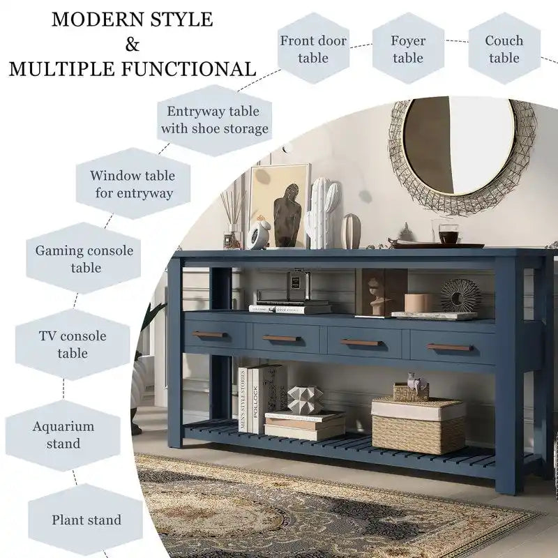 Longue table console pour entrée et canapé avec tiroirs, table console de style rustique en bois avec 4 tiroirs et 2 étagères