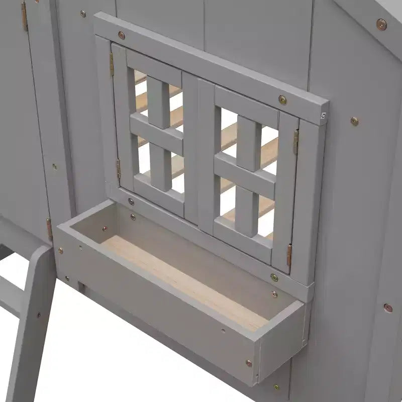 Letto a soppalco a forma di casetta per letto singolo, in legno, con scala e sponde di protezione per bambini