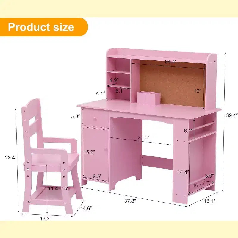 Scrivania e sedia per bambini, set per ragazzi e ragazze, tavolo da studio in legno con libreria, bacheca, armadietto e cassetto, per età da 3 a 8 anni