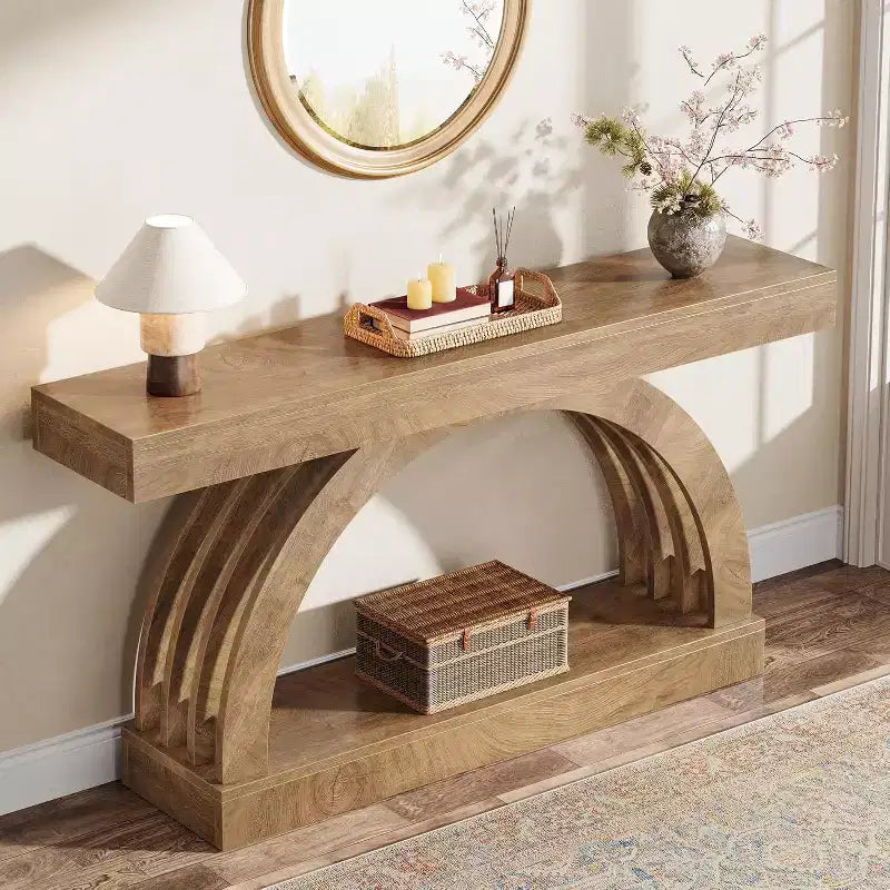 Lantine haltafel van 63 inch, banktafel met 2 niveaus voor achter de bank, smalle unieke console in boerderijstijl met boog voor de hal, woonkamer en entree, naturel