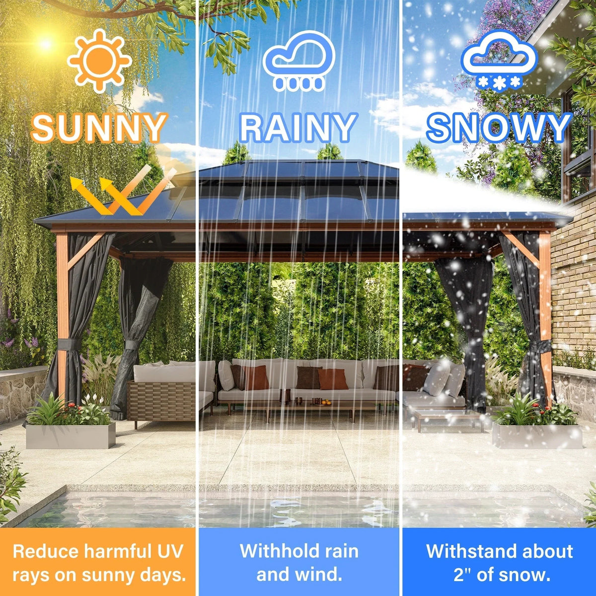 Gazebo EROMMY con tetto rigido, pergola da esterno con doppio tetto, rete e tende, copertura robusta per patio, giardino e feste in piscina