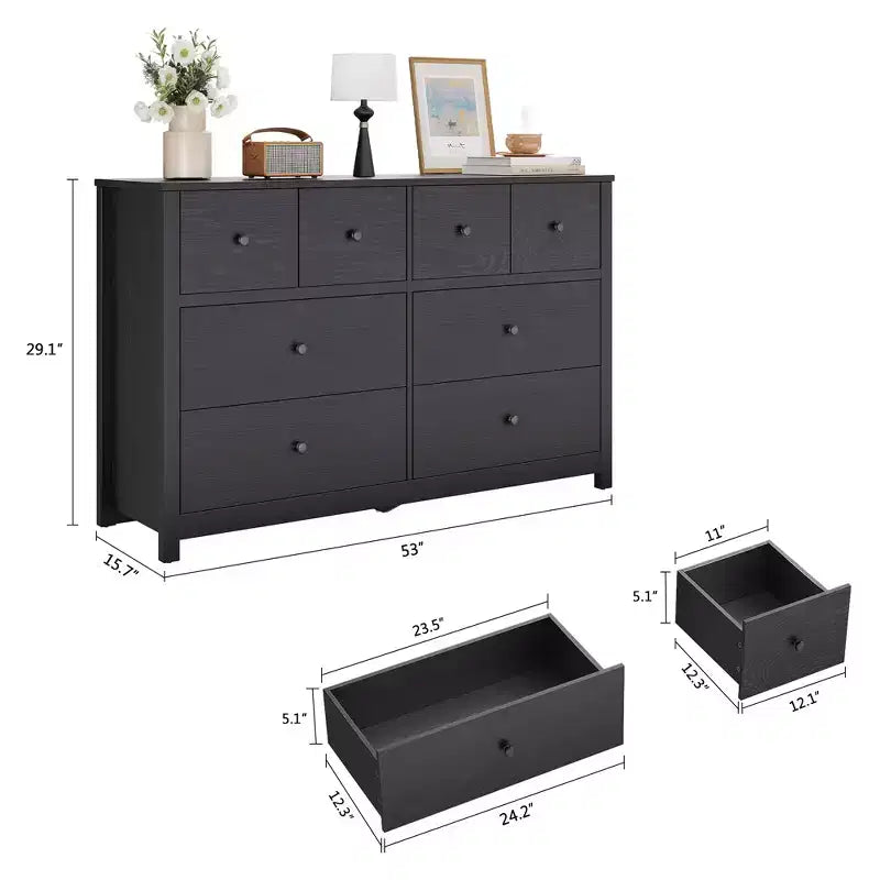 Commode moderne à 8 tiroirs pour chambre, large chiffonnier en bois avec rangement profond, meuble de rangement autoportant pour le salon
