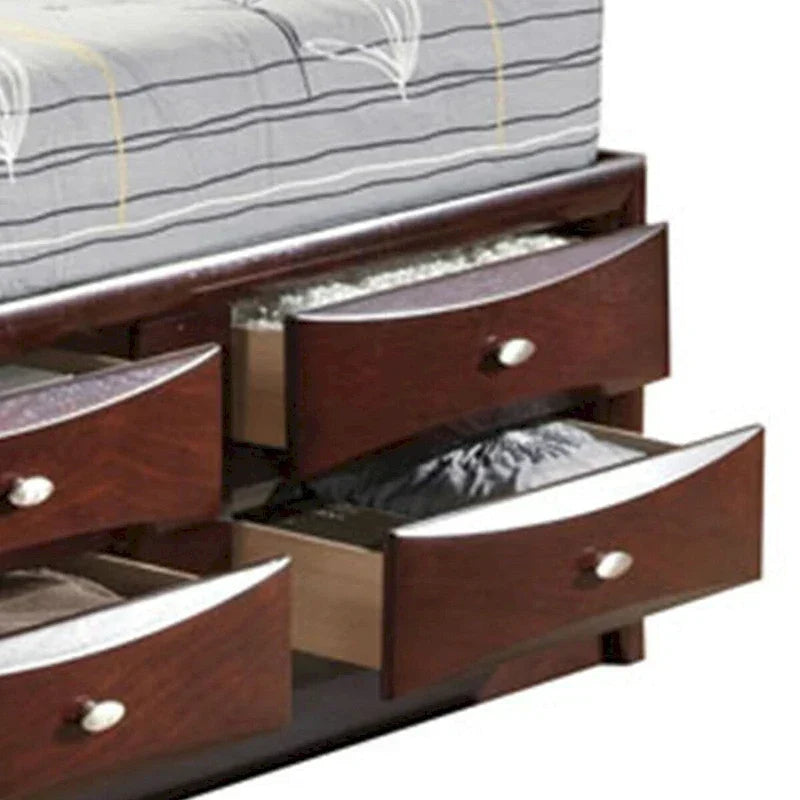 Letto matrimoniale queen con testiera a pannelli, libreria e cassetti, marrone