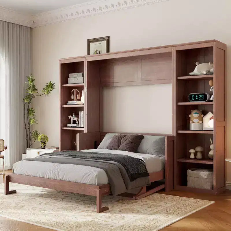 Letto a scomparsa matrimoniale con scrivania e libreria, salvaspazio, marrone scuro - ModernLuxe