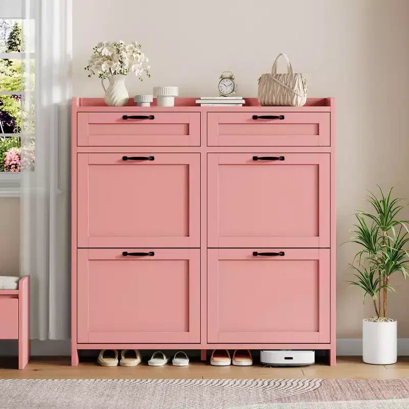 Schoenenkast met 4 klepdeuren en 2 bovenladen, houten schoenenkast met verstelbare plank, vrijstaand schoenenopbergmeubel
