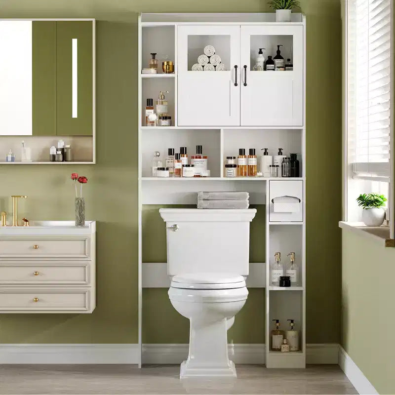 Mobile contenitore sopra il WC - 67.4 H, organizer e contenitore da bagno in stile rustico con ripiano regolabile e anta in vetro per bagno e lavanderia