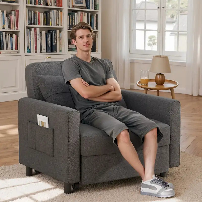 Fauteuil convertible 3-en-1 avec lit escamotable, canapé lounge rembourré convertible, réglable et pliable