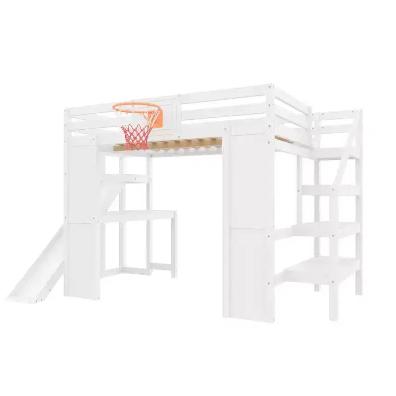 Lit mezzanine complet en bois Luxystar avec bureau, toboggan, panier de basket et escalier de rangement pour enfants et adolescents