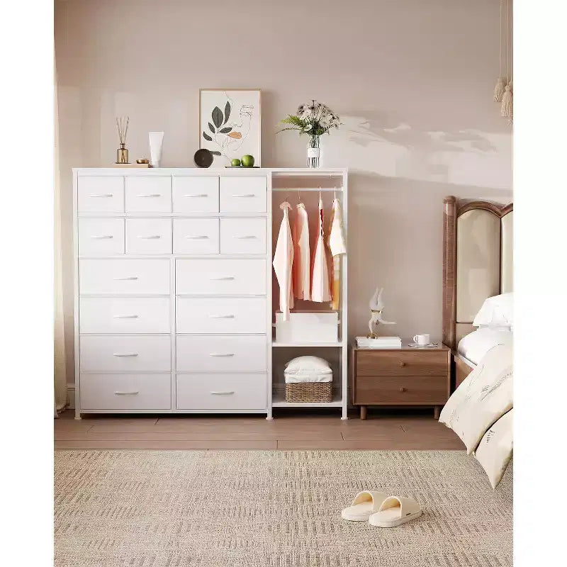 Commode avec 16 tiroirs, tringle de penderie et étagères, organisateur de rangement en tissu pour chambre, placard ou entrée