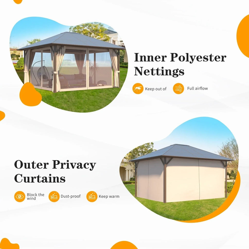 Gazebo EROMMY con tetto rigido, pergola da esterno con doppio tetto, rete e tende, copertura robusta per patio, giardino e feste in piscina