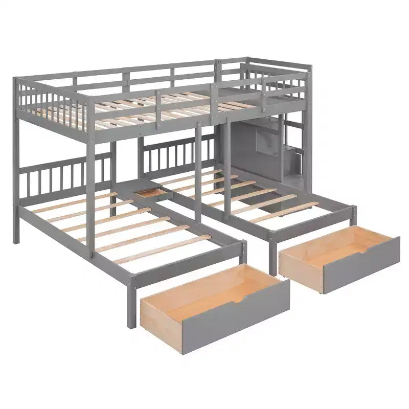Lit superposé Whisen avec lit double au-dessus de deux lits simples, en bois, avec tiroirs et barrières de sécurité