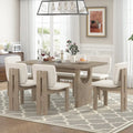 Set da pranzo da 7 pezzi, in legno massello, con tavolo rettangolare, base a cavalletto e 6 sedie imbottite