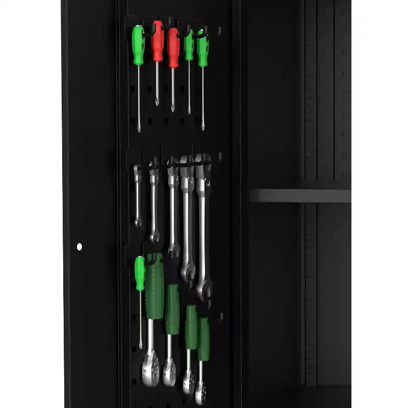 Armoire de rangement pour garage avec roulettes et panneau perforé, armoire métallique verrouillable de 72 H avec 2 portes et 4 étagères réglables pour atelier de garage
