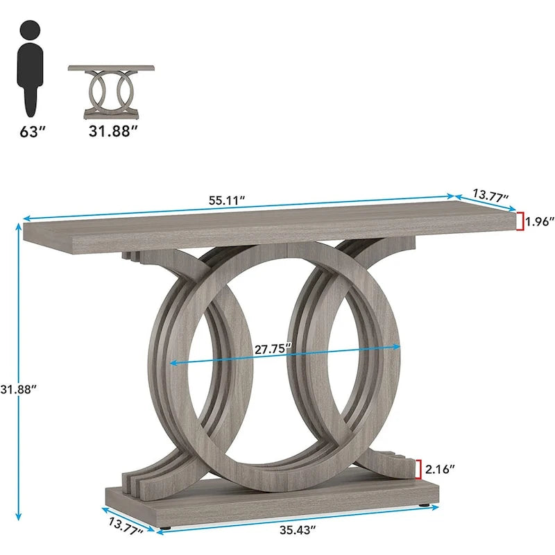 Table console vintage en bois pour couloir, avec piètement géométrique